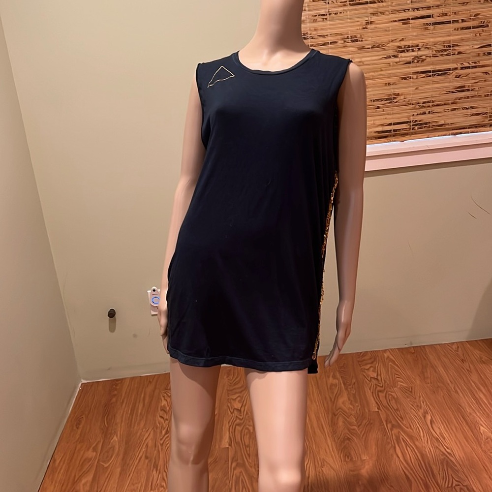 FreeCity Black Sleeveless T-shirt With Gold Safety Pins Down Sides & Graphic 3L